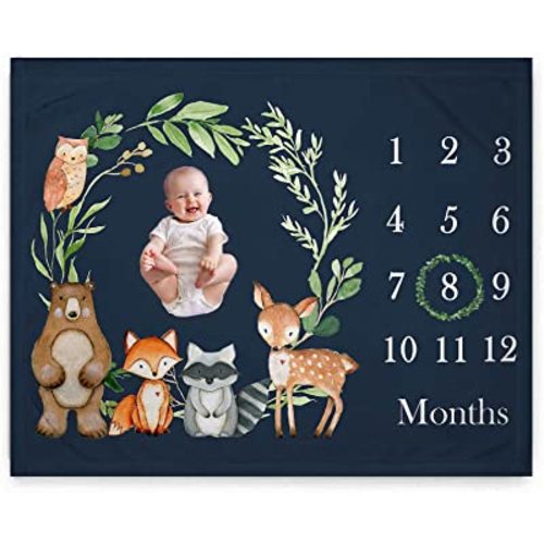 Woodland Baby Monthly Milestone Fleece Blanket, Black, 50x40, Includes Marker