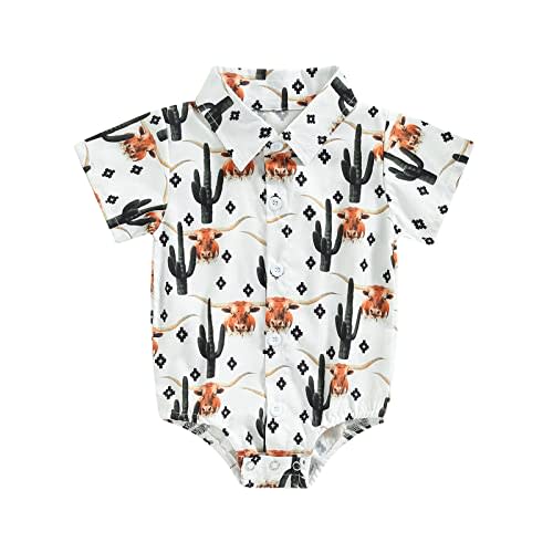 Karuedoo Western Baby Boy Clothes Cow Print Shirt Romper Infant Short Sleeve Button Down Bodysuit One Piece Gentleman Outfit