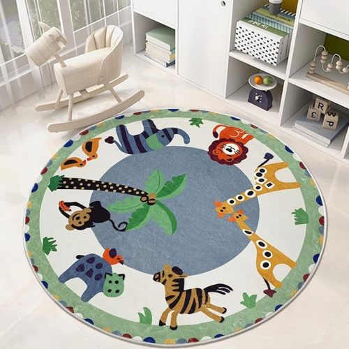 USTIDE Round Animals Kids Rug 4FT, Green Cartoon Play Mat Kids Area Rug Soft and Non-Slip Carpet for Nursery Playroom Children Bedroom Living Room Decor