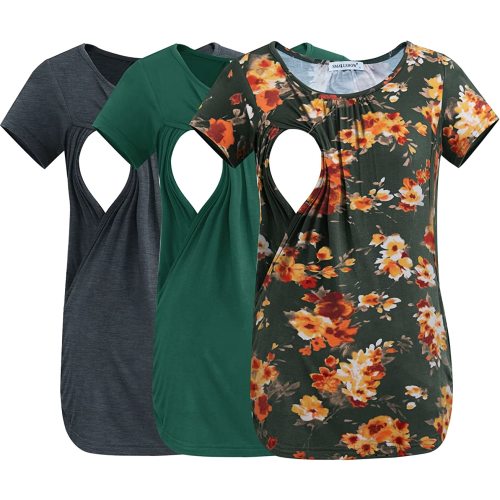 Smallshow Women's Nursing Tops Ruched Short Sleeve Breastfeeding Shirts 3-Pack