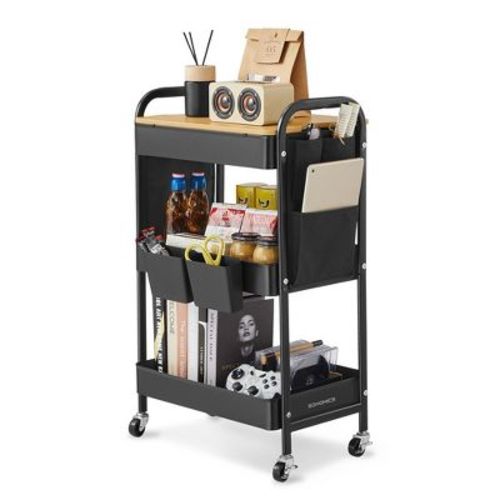 Songmics 3-tier Storage Cart, Rolling Utility Cart With Table Top, 2 Removable Hanging Cups, 6 Side Pockets, Craft Cart, Ink Black