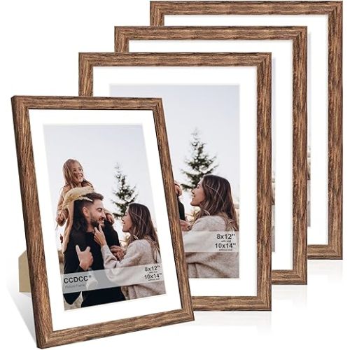 10x14 Picture Frame Set of 4, 10 x 14 Wood Photo Frames with Mat for 8x12 or 30x40cm Diamond Painting Art, Wooden Frame with Real Glass Cover for Wall and Tabletop Display,Rustic Brown