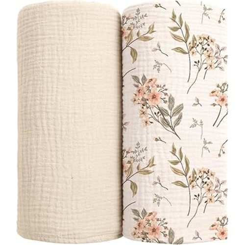 lulumoon Muslin Swaddle Blankets for Baby: Soft Cotton Newborn Receiving Blankets - Floral Print Nursery Gift Set for Baby Girls(White Flower)