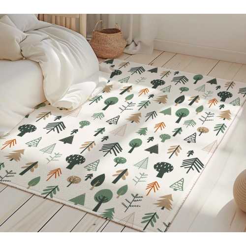 Woodland Nursery Rug: Watercolor Pine Trees, Washable Kids Play Mat