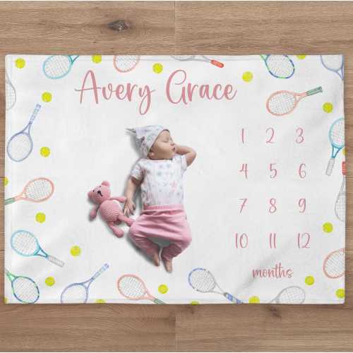 Sport Milestone Blanket, Personalized Tennis Baby Girl Month Blanket, Sport Nursery Custom Newborn Growth Tracker, New Mom Baby Shower Gift