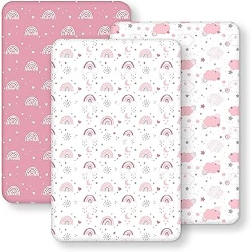 Baby Bedside Bassinet Sheets Fitted Girl, 33”x20” Compatible with Baby Delight Dream On Me & Most Rectangle Bedside Sleeper Bassinet Mattresses, Super Soft Microfiber Pink Rainbow