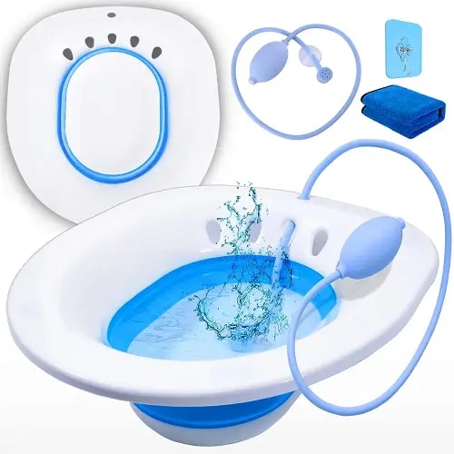 Sitz Bath for Postpartum Care, Perineal Soaking Bath Over The Toilet Seat, Collapsible Sitz Basin with Flusher for Vaginal Anal Inflammation Treatment, Yoni Steam Seat, White/Blue
