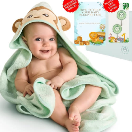 Bamboo Baby Towels with Hood – Mint Green 35x35” | Ultra-Soft Rayon from Bamboo & Cotton Bath Wrap | Adorable Monkey Hood for Newborns, Infants & Toddlers for Boys & Girls