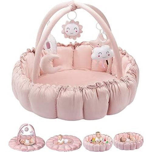 5-in-1 Convertible Baby Gym Play Mat with Hanging Toys, Soft Padded Baby Lounger & Ball Pit, Plush Tummy Time Mat for Newborns to Toddlers, Machine Washable, Pink
