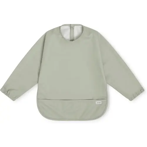 Lalo Smock Bib - Long Sleeve Baby Bib, Elastic Cuffs for Comfort, Large Catch-All Pocket, Waterproof Recycled Polyester - Durable Baby Smock Bib for Mealtime & Playtime - Ages 6-24 Mo. - Sage