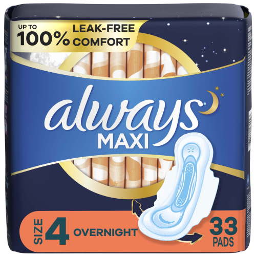 Always Maxi Overnight Pads with Wings, Size 4, Overnight Absorbency, 33 CT HSA/FSA Eligible