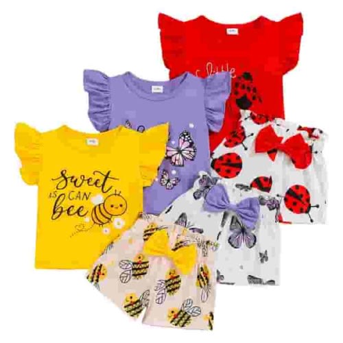Sopiago Toddler Baby Girl Clothes Ruffle Short Sleeves T-Shirt Tops and Shorts Set Cute Summer Baby Outfits 3PC,6-9 Months