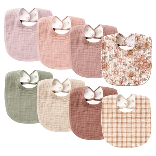 Konssy Muslin Baby Bibs 8 Pack Baby Bandana Drool Bibs Cotton for Unisex Boys and Girls, Soft Absorbent Set for Teething and Drooling