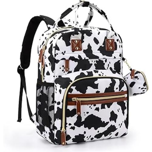 Tuwubi Diaper Bag Backpack, Baby Essentials Travel Tote Bag, Multi function Waterproof Backpacks, Travel Essentials with Stroller Straps & Pacifier Case - Cow Print