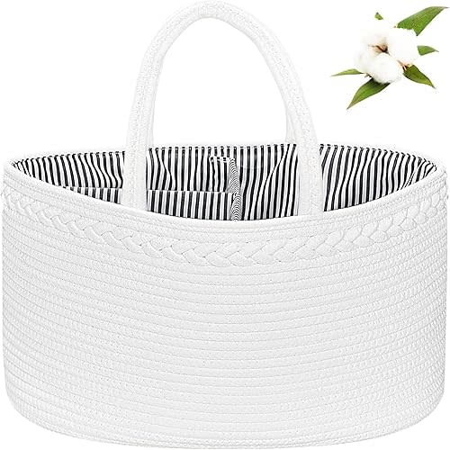 ABenkle Large Baby Diaper Caddy Baby Basket, Nursery Storage Bin and Car Organizer for Diapers and Baby Wipes, Changing Table Cotton Rope Diaper Storage Caddy Baby Gift Baskets, White