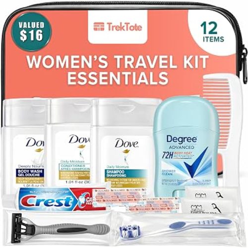 12-Piece Women’s Travel Toiletry Kit – Premium Brand-Name Shampoo, Conditioner, Body Wash & Deodorant, TSA Approved Travel Size Set with Clear Cosmetic Bag