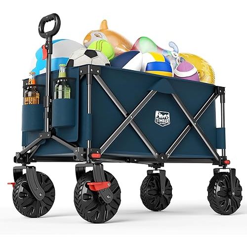 TIMBER RIDGE Outdoor Collapsible Wagon with Brakes Utility Folding Cart Heavy Duty All Terrain Wheels for Shopping Camping Garden with Side Bag and Cup Holders, Blue