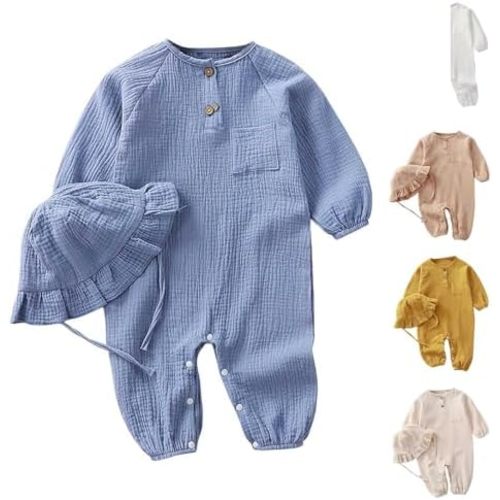 Newborn Baby Cotton Linen Romper Summer Long Sleeve Button Onesie with Hat Infant Plain Cute Comfy Breathable Outfits