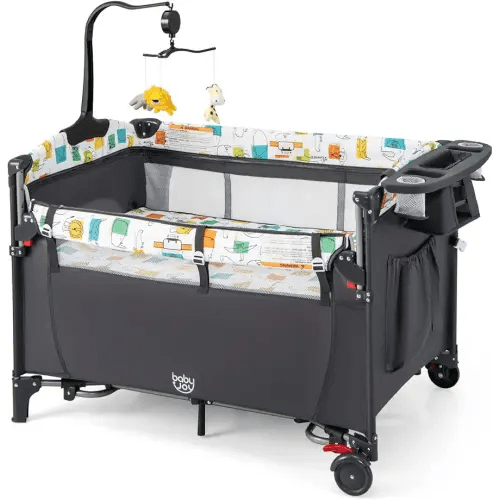 BABY JOY 5-in-1 Pack and Play, Baby Bedside Sleeper with Bassinet, Multifunction Bedside Crib from Newborn to Toddlers, U-Shaped Diaper Changer, Playard, Safety Strap