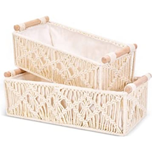 Macrame Storage Basket Boho Decor Baskets，Organizing Woven Decorative Basket，Handmade Countertop Toilet Tank Shelf Cabinet Organizer for Bathroom Decor Bedroom Nursery Livingroom Entryway（Set of 2）