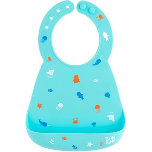 Bumkins Bibs, Silicone Pocket for Babies, Baby Bib for Girl or Boy, for 6-24 Months Up to Toddler, Essential Must Have for Eating, Feeding, Baby Led Weaning Supplies, Mess Saving, Ocean Life Blue