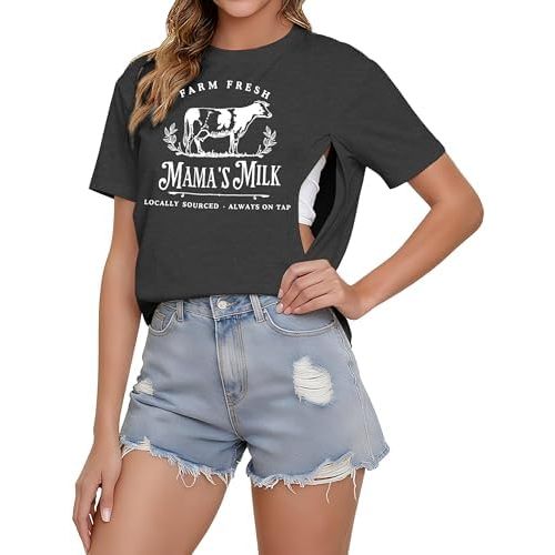 Women's Nursing Shirts for Breastfeeding Zipper Short Sleeves Mama Shirt Causal Maternity Nursing Graphic Tees Tops