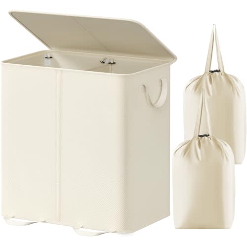 Lifewit Double Laundry Hamper with Lid and Removable Laundry Bags, Large Collapsible 2 Dividers Dirty Clothes Basket with Handles for Bedroom, Laundry Room, Closet, Bathroom, College, 136L Ivory White