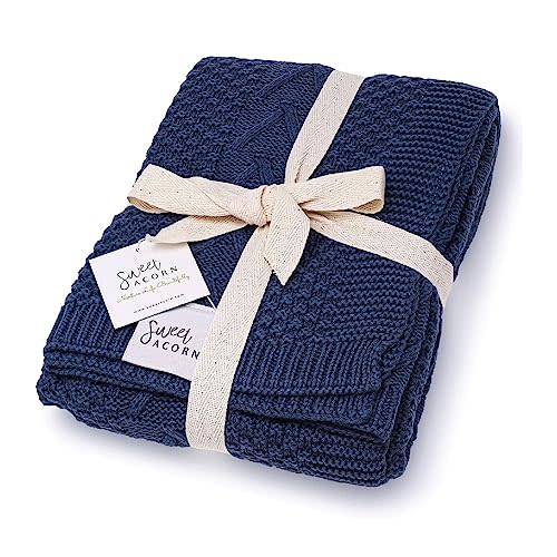 Sweet Acorn Knit Baby Blanket in Cable Pattern, Organic Cotton Blankets for Crib or Stroller, Receiving Blankets - Bay Blue