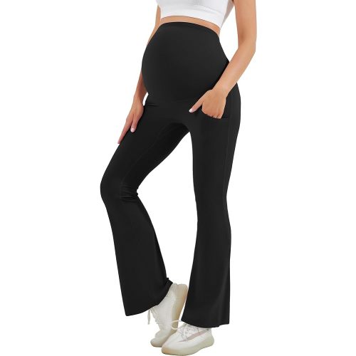 HEGALY Women's Maternity Flare Leggings Over The Belly - Casual Pregnancy Yoga Pants with Pockets Buttery Soft