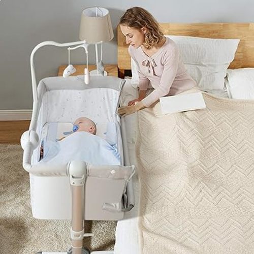 BABY JOY Baby Bassinet, Height Adjustable Portable Bassinet Crib w/Music Box, Toy Rack, Mattress, Breathable Mesh & Travel Bag, Easy Folding Bassinet Bedside Sleeper for Newborn Infant (Light Grey)
