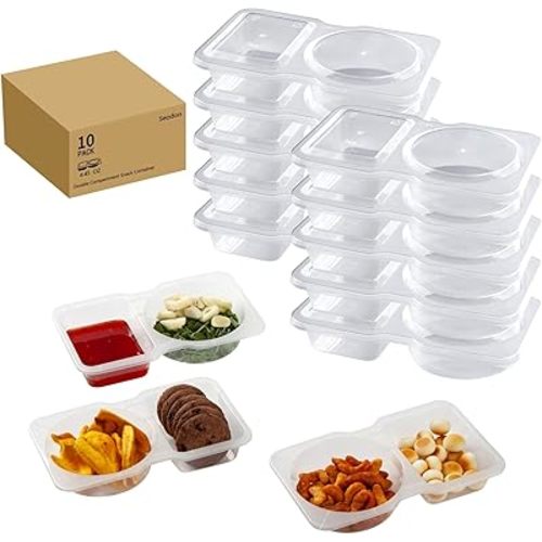 Snack Containers Double Compartment Snack Packs with Lids Grab and Go Snack Prep Box Meal Prep 2 Compartments Condiment Dipping Containers (10 Pcs)
