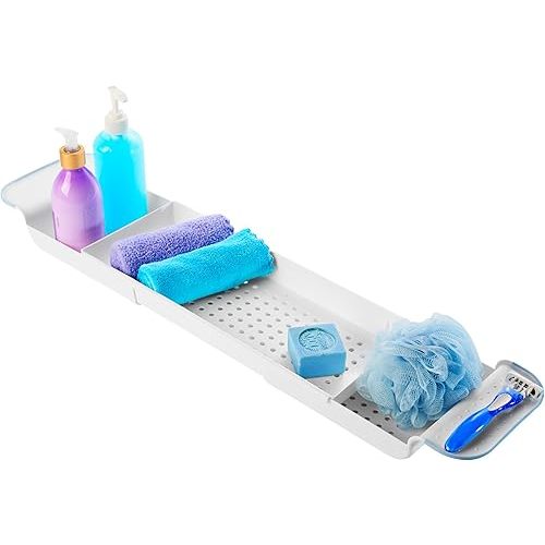 madesmart Expandable Bath Shelf, Adjustable Bathtub Tray for Bath-Night, Holds Glasses, Soaps, Toys & Bath Essentials, Non-Slip Grip, Fits Most Tubs, Blue
