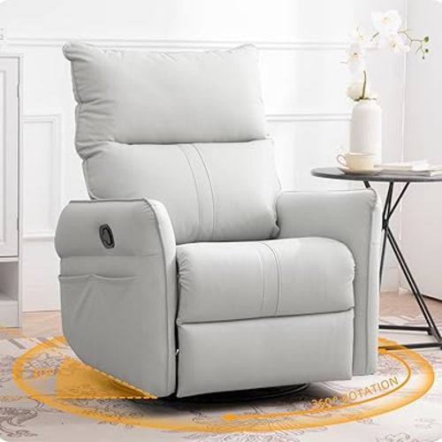 Swivel Rocker Recliner Chair, Upholstered 360° Fabric Leather Glider Rocker Chair for Nursery, Manual Small Recliners for Small Spaces Living Room Weight Capacity 300lbs