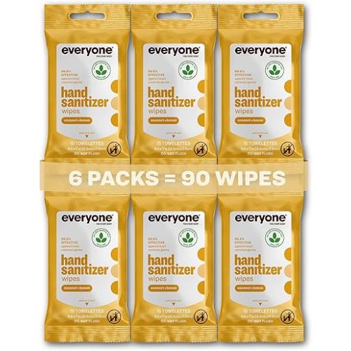 Everyone Hand Sanitizer Wipes, 15 Wipes (Pack of 6), Coconut and Lemon, Made with Sugarcane Derived Alcohol with Essential Oils, TSA friendly
