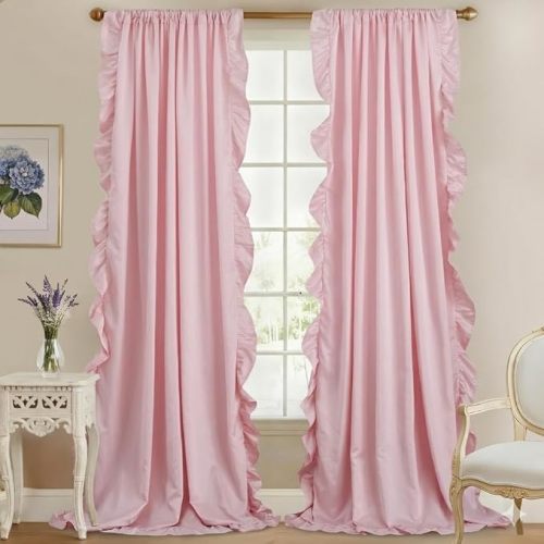 Pink Ruffle Curtains 52x84 Long 2 Panels for Girls Room, Scalloped Silky Satin Romantic Drapes, Light Filtering Privacy Shabby Chic Princess/Feminine Bedroom Window Decor