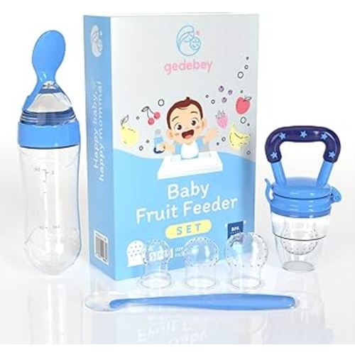 Baby Fruit Food Feeder Pacifier - 3 Pack | 1 Fruit Teethers for Babies & 1 Silicone Bottle Spoon & 1 Silicoe Spoon | Baby Silicone Feeder Pacifier | Teething Feeder | Feeding Pacifier | Teether (Blue)