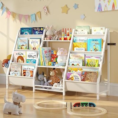 Kids Bookshelf and Toy Storage Organizer, 3 in 1 Montessori Toddler Book Shelf for Kids Rooms, Nursery Bookcase, Easy Assembly, Includes Extra Side Pockets, 49.8 x 11.80 x 29.5 inches(White)