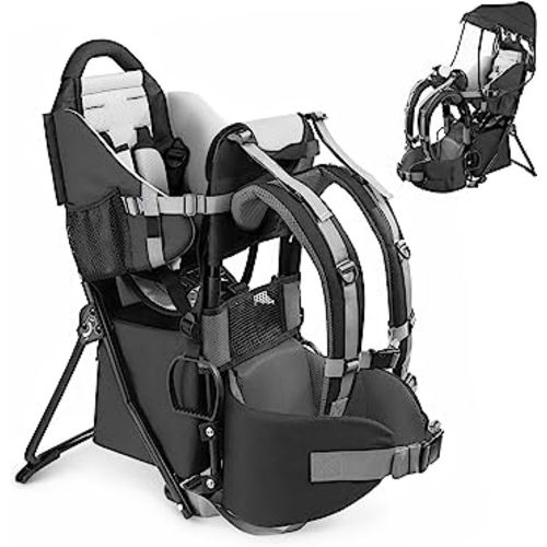 besrey Baby Backpack Carrier, Toddler Hiking Backpack with Safety 3-Height Seat, Adjustable Straps&Waist Belt, Foldable Frame Lightweight Large Capacity Child Carrier for Hiking Black