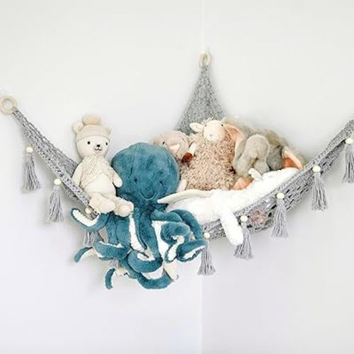 Macrame Toy Hammock for Stuffed Animals - Plushie Toy Hammock, Grey Nursery Decor, Plush Hammock, Stuffy Hammock, Hanging Stuffed Animal Organizer, Pebble Grey