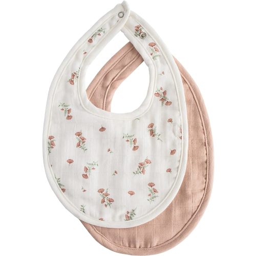 mushie Muslin Baby Bib | Soft Cotton for Infant Drips, Drools & Feedings | Adjustable Fit | 2 Pack - Blush/Pink Floral