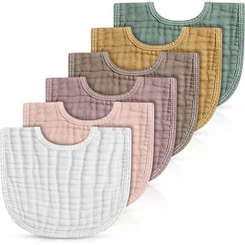 Frienda 6 Pcs Muslin Bibs Baby Burping Cloth Teething Bibs Bandana Bibs 6 Absorbent Layers Muslin Bibs for 6 Month+ Baby