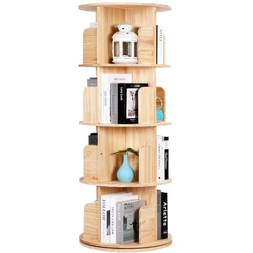 Rengue Rotating Bookshelf Tower, 4 Tiers Floor Standing Bookcase Storage Rack, 360 Display Round Spinning Bookshelf with Detachable Feet for Small Space, Bedroom, Living Room, Office