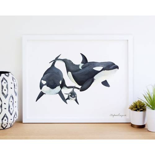 Orca Family Watercolor Print, based on Original Illustration, Gift for Nature Lover, Ocean Nursery
