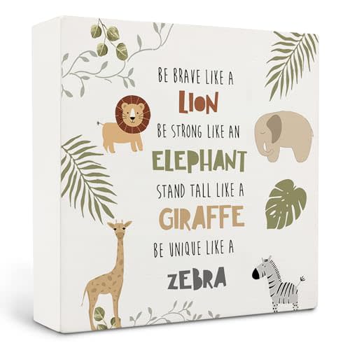 Qvapt Safari Animals Nursery Wood Box Sign, Wild Animals Nursery Desk Decor, Safari Animal Decor, Wild Animal Gifts for Kids, 5x5 Inches