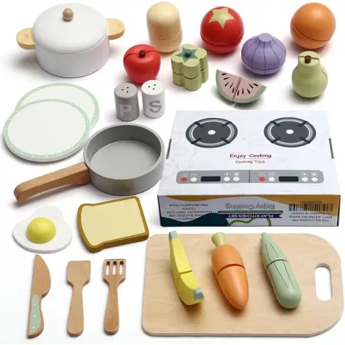 Treehouse kids, Wooden Food Set for Kids with Cookbook Magical Recipes, Wood Velcro Cutting Fruit and Vegetables Toy for Toddlers, Cooking Pretend Play, Kitchen Accessories, Early Education Toys