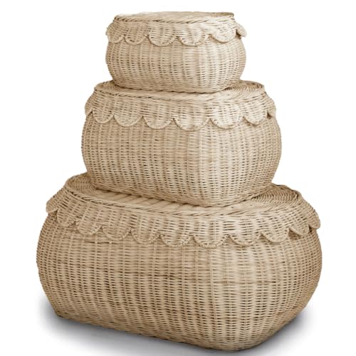 BEBE BASK Large Scalloped Basket Set Of 3 - Hand Woven Scallop Basket - 22 x 16 x 10 In - Scalloped Wicker Basket - Scalloped Edge Basket - Scalloped Storage Basket (Natural)