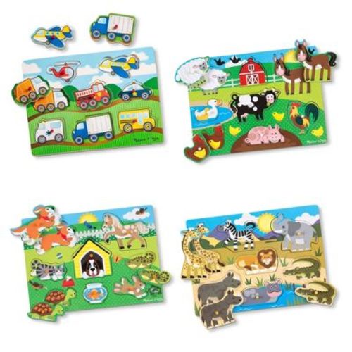 Melissa & Doug Wooden Peg Puzzle 4pk - Vehicles, Farm, Safari, Pets