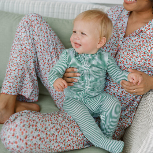Babys Striped Pima Long Sleeve Snug Fit Front Zipper Footie, Hunter Green - Minnow | Maisonette