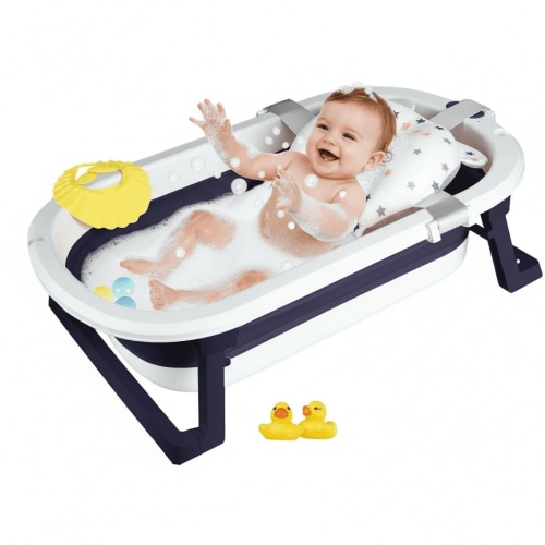 HENG Co. Baby Bathtub for Infants to Toddler with Drain Hole, Unisex Kids Bathtub for Newborn 0-36 Month (Blue+Floating Mat)