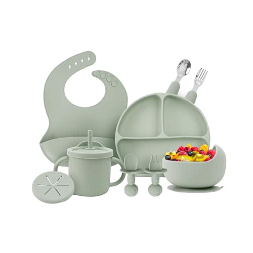OWS Baby Feeding Set (11 pc) - Certified BPA-Free 100% Food Grade Silicone with Suction Bowl, Divided Plate, Sippy Cup with Straw & 2 Lids, Adjustable Bib, and Weaning Utensils (Forest Green)